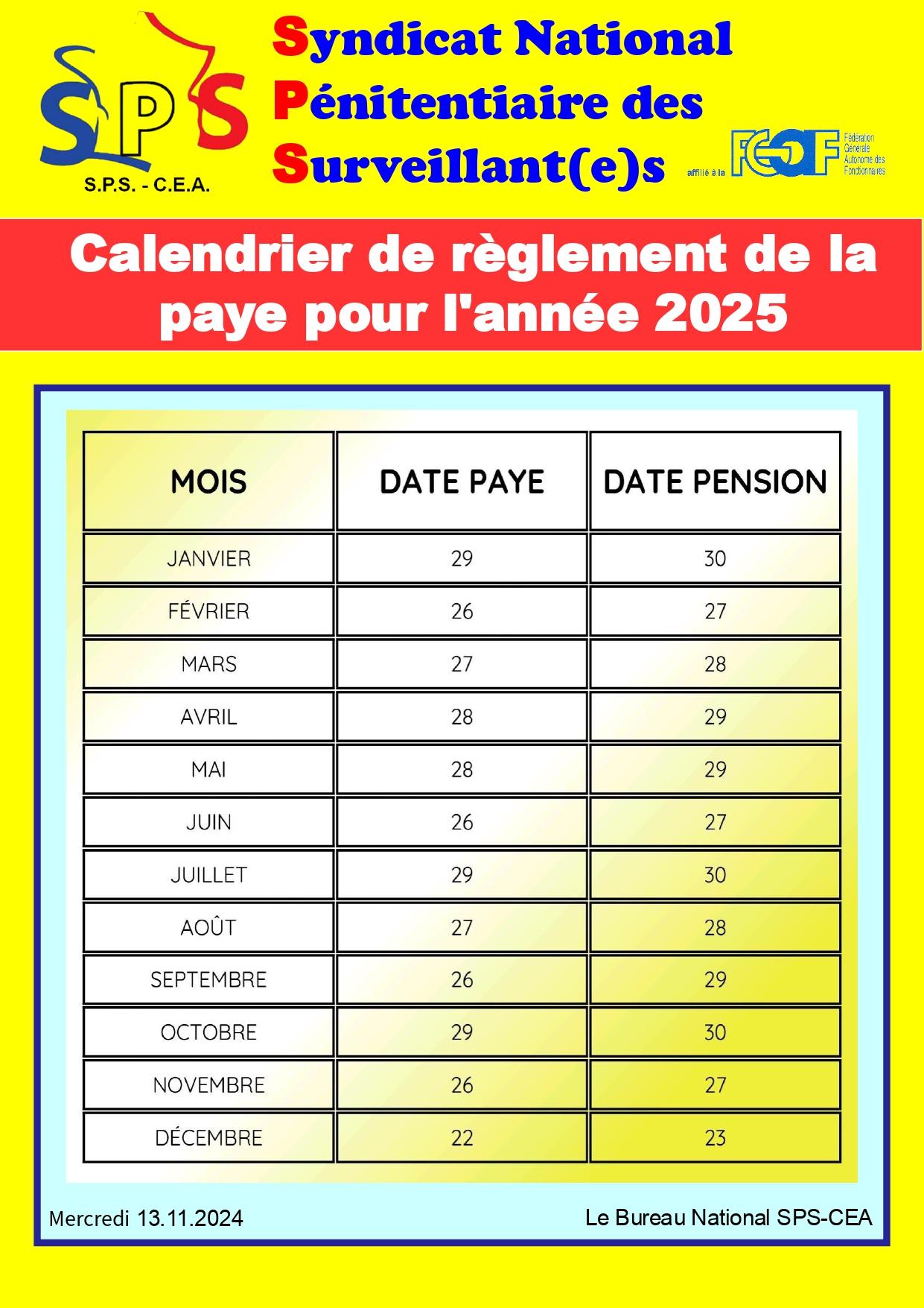 Calendrier de reglement de la paye pour l annee 2025 sps cea page 0001